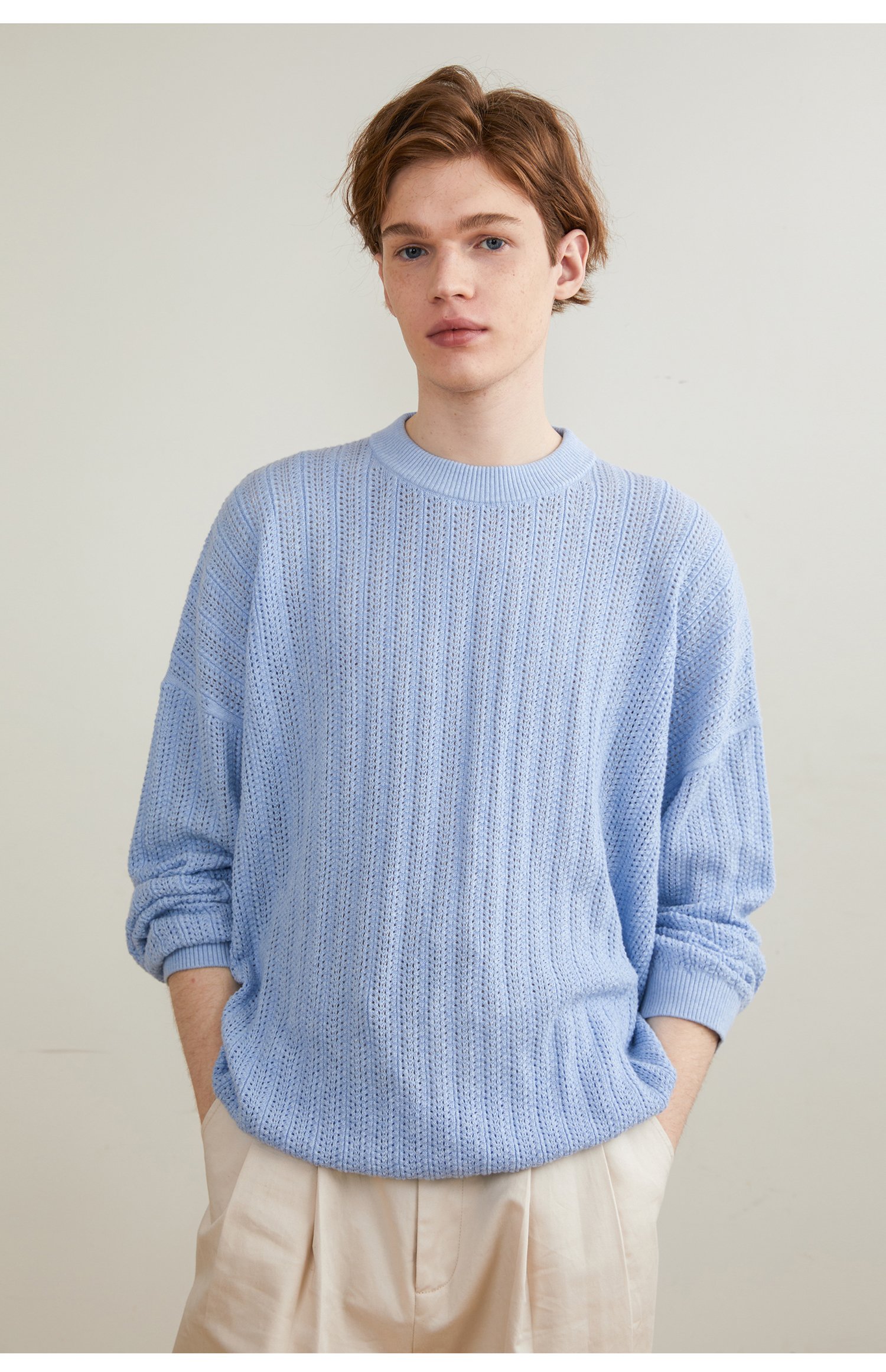 Long sleeve knitted sweater hollow pattern cashmere and organic cotton soft and light