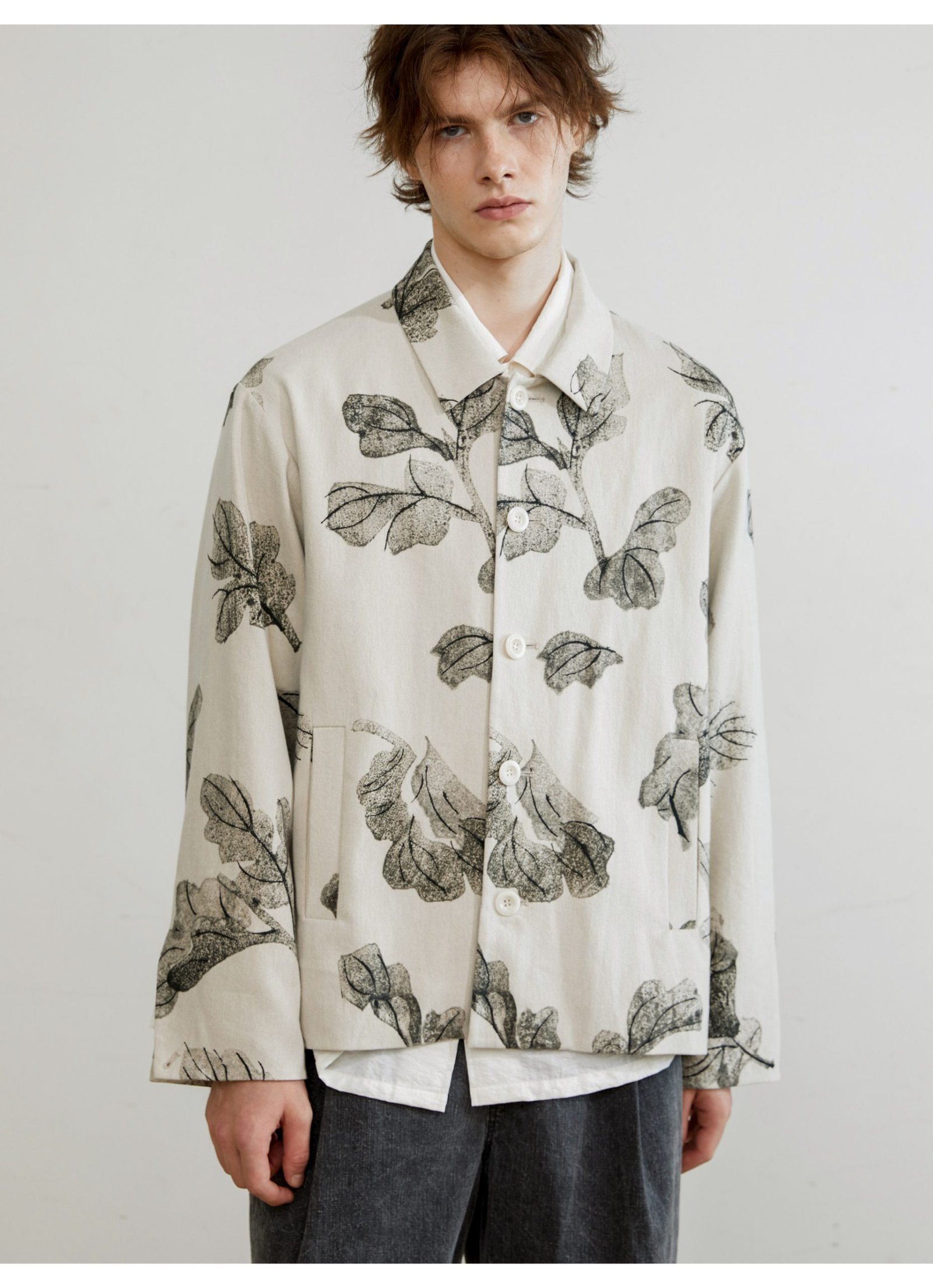 Plant print cotton linen jacket for men and women classical characteristics of ink natural pleated texture
