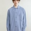 Blend pleated silk lake blue long sleeve shirt is simple and loose