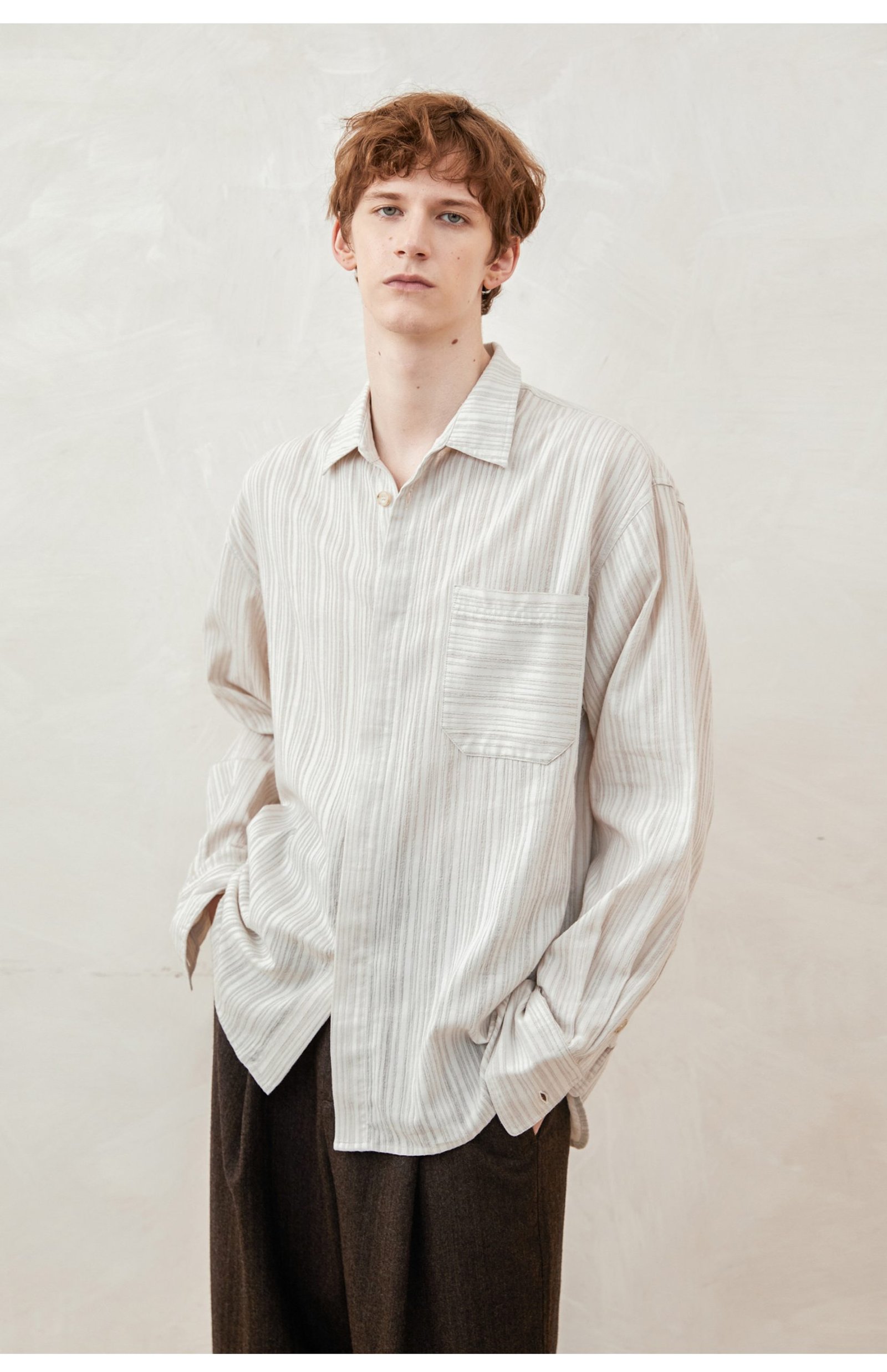 Cotton-linen striped long sleeve shirt with cotton linen and ramie