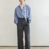 Blend pleated silk lake blue long sleeve shirt is simple and loose
