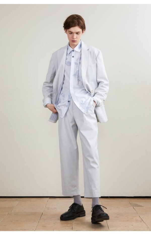 Double breasted suit light blue grey linen blend refreshing comfort anti UV