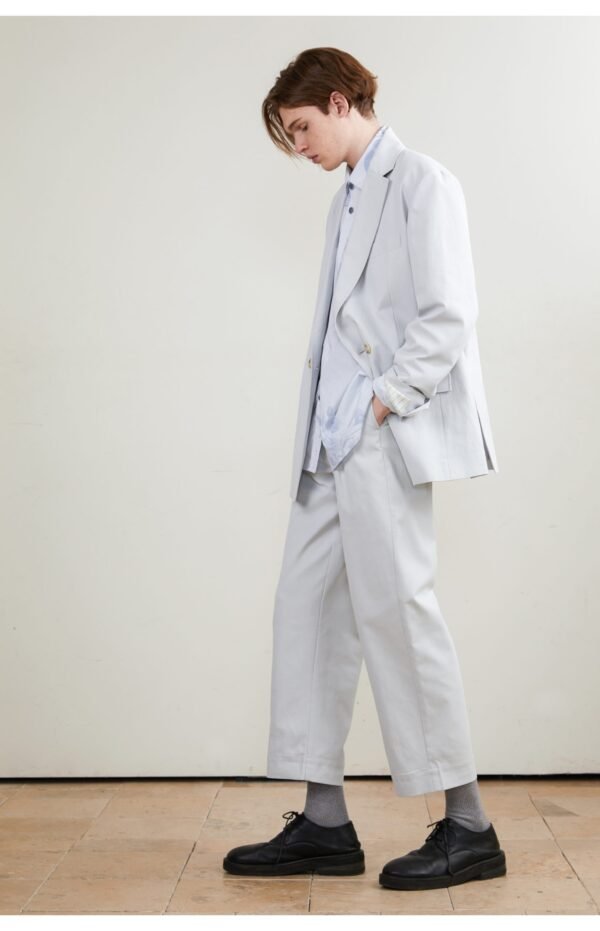 Double breasted suit light blue grey linen blend refreshing comfort anti UV