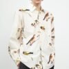 Sand-washed cotton printed long-sleeved shirt with natural texture