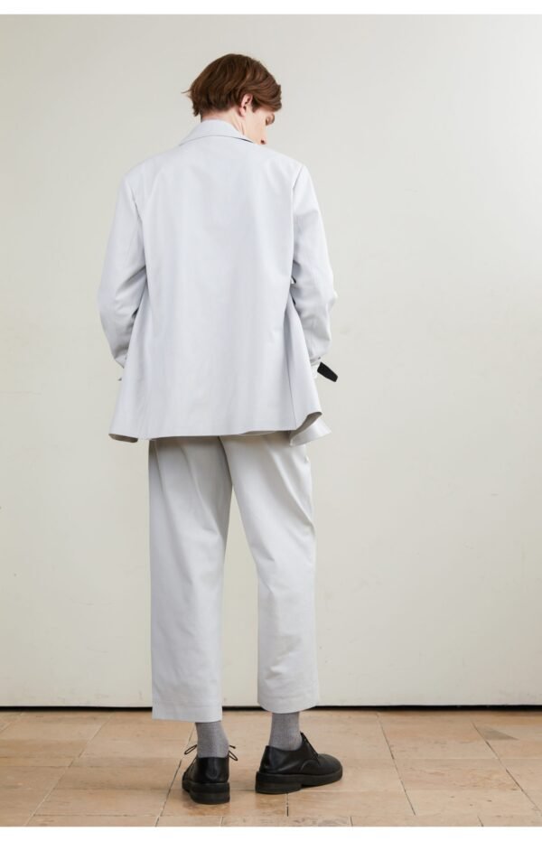 Double breasted suit light blue grey linen blend refreshing comfort anti UV