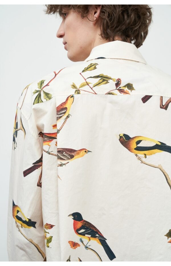 Sand-washed cotton printed long-sleeved shirt with natural texture