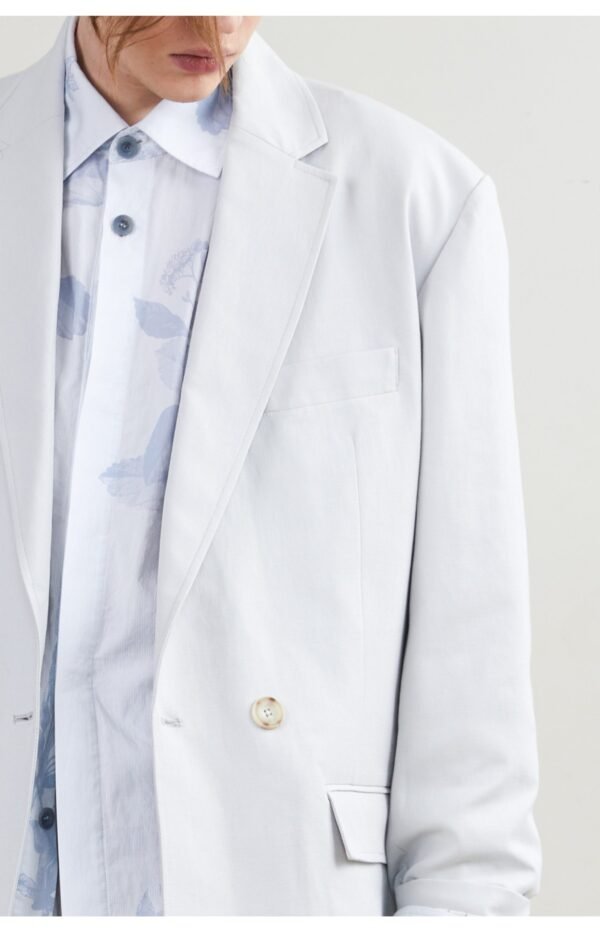Double breasted suit light blue grey linen blend refreshing comfort anti UV
